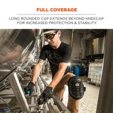 Full coverage: long rounded cap extends beyond kneecap for increased protection and stability