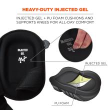 Heavy-duty injected gel: injected gel + PU foam cushions and supports knees for all-day comfort. Diagram indicates different layers of injected gel and PU foam.