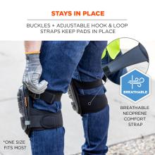 Stays in place: buckles and adjustable hook and loop straps keep pads in place. Breathable neoprene comfort strap. *One size fits most.