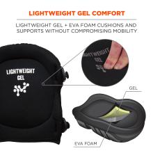 Heavy-duty injected gel: injected gel + PU foam cushions and supports knees for all-day comfort. Diagram indicates different layers of injected gel and PU foam.