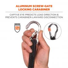 Aluminum screw-gate locking carabiner: captive eye predicts load direction and prevents carabiner disconnected. Badge says ANSI/ISEA 121