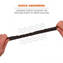 Shock absorbing: lessens force on body or anchor point if drop occurs. Lines show shock absorbing feature on lanyard.