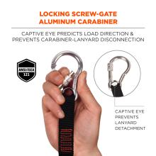 Locking screw-gate aluminum carabiner: captive eye predicts load direction & prevents carabiner-lanyard disconnection. Image shows detail of carabiner and text near image says “captive eye prevents lanyard detachment”. Icon on lower left says “ANSI/ISEA 121”. ANSI/ISEA 121 compliant .