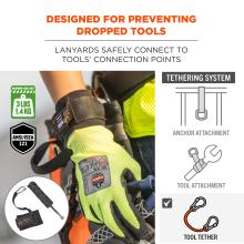 Designed for preventing dropped tools: lanyards safely connect to tool's connection points. Maximum load limit of 3 lbs or 1.4kg. ANSI/ISEA 121 compliant. Tool attachment