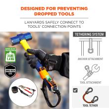 Designed for preventing dropped tools: lanyards safely connect to tool's connection points. Maximum load limit of 3 lbs or 1.4kg. ANSI/ISEA 121 compliant. Tool attachment