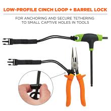 Low-profile cinch loop and barrel lock: for anchoring and secure tethering to small captive holes in tools