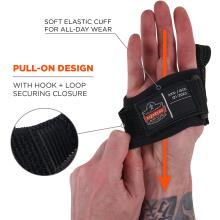 Pull-on design: with hook and loop securing closure. Soft elastic cuff for all-day wear