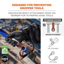 Designed for preventing dropped tools. creates retrofit attachment point on worker for tethering hand tools. ANSI/ISEA 121 compliant. Maximum load limit of 5 lbs or 2.3 kg. Anchor attachment