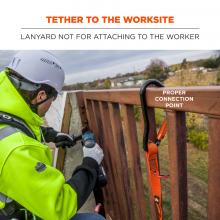 Tether to the worksite: lanyard not for attaching to the worker. Text indicates proper connection point to railing.