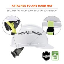 Attaches to any hard hat: secures to accessory slot or suspension. ANSI/ISEA 121 compliant. Maximum load limit: 2lbs / 0.9kg. 