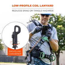 Low-profile coil lanyard: reduces snag or tangle hazards. Swiveling carabiner. 