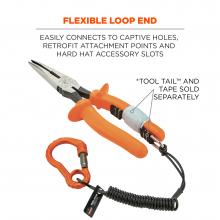 Flexible loop end: easily connects to captive holes, retrofit attachment points and hard hat accessory slots. Image shows lanyard attached to pliers with tape and tails. Text says “Tool Tail and Tape sold separately.”