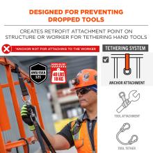 Designed for preventing dropped tools, creates retrofit attachment point on structure or worker for tethering hand tools. Anchor not for attaching to the worker. Maximum load limit of 40 pounds or 18kg. ANSI/ISEA 121 compliant .