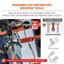 Designed for preventing dropped tools, creates retrofit attachment point on structure or worker for tethering hand tools. Maximum load limit of 40 pounds or 18kg. ANSI/ISEA 121 compliant. Anchor not for attaching to the worker