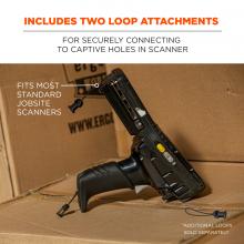 Includes two loop attachments: for securely connecting to captive holes in scanner. Image shows scanner on boxes and text says “fits most standard jobsite scanners” and “additional loops sold separately”. 