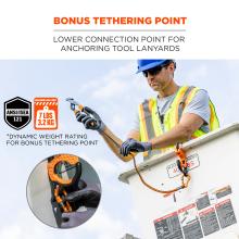 Bonus tethering point: lower connection point for anchoring tool lanyards. Meets ANSI/ISEA 121 standard. Maximum weight rating: 7 lbs/3.2kg. *Dynamic weight rating for bonus tethering point. 