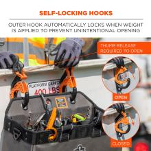 Self-locking hook: outer hook automatically locks when weight is applied to prevent unintentional opening. Thumb release is required to open (image shows thumb release opening and closing hook). 