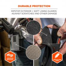 Durable protection: ripstop exterior + soft lining guards against scratches and other damage. Image shows detail of material and says “abrasion-resistant”. 