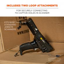 Includes two loop attachments: for securely connecting to captive holes in scanner. Image shows scanner on boxes and text says “fits most standard jobsite scanners” and “additional loops sold separately”. 
