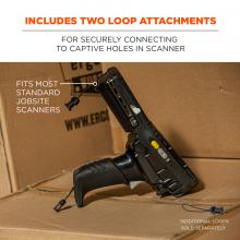 Includes two loop attachments: for securely connecting to captive holes in scanner. Image shows scanner on boxes and text says “fits most standard jobsite scanners” and “additional loops sold separately”.