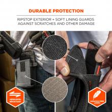 Durable protection: ripstop exterior + soft lining guards against scratches and other damage. Image shows detail and says “abrasion-resistant” and “scratch free lining”. 