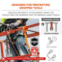 Designed for preventing dropped tools, creates retrofit attachment point on structure or worker for tethering hand tools. Maximum load limit of 60 pounds or 27kg. ANSI/ISEA 121 compliant. Anchor not for attaching to the worker