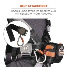 Belt attachment: Hook & loop attaches to belts and hardnesses without removal. Image shows detail of how strap attaches to harness