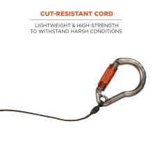 Cut-resistant cord: lightweight & high-strength to withstand harsh conditions. Image shows detail of cord and carabiner