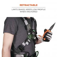 Retractable: limits snags, keeps low profile when anchored. Image shows person in fall protection gear with lanyard and tool tethered to their fall protection