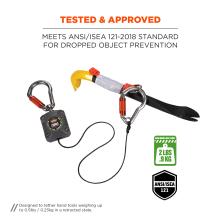Tested & approved: Meets ANSI/ISEA 121-2018 standard for dropped objects prevention. Image shows lanyard attached to tool. Badges on right say “maximum load limit: 2 lbs/.9kg” and “ANSI/ISEA 121”. Note on the bottom left says “designed to tether hand tools weighing up to 0.5lbs/0.23kg in a retracted state.”