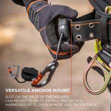 versatile anchor mount: slot on the back of the housing can mount to belts or fall protection harnesses up to 2in/5cm wide and .38/1cm thick 