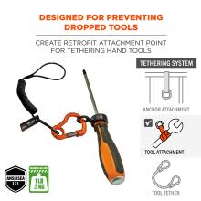 Designed for preventing dropped tools, creates retrofit attachment point for tethering hand tools. Maximum load limit of 1 pound or 0.5kg. Meets ANSI/ISEA 121 standard. Tool attachment