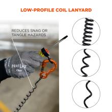 Low profile coil lanyard that reduces snag or tangle hazards