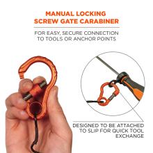 Manual locking screw gate carabiner for easy secure connection to tools or anchor points. Designed to be attached to slip for quick tool exchange