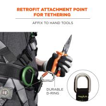 Retrofit attachment point for tethering: affix to hand tools. Durable d-ring.