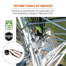 Tether tools at heights: tested & approved to ansi/isea 121 for dropped objects prevention. Image shows detail of tethered tool, and image of at-heights worker. Icons on lower left say “max. Load limit 2lbs/.9kg” and “ansi/isea 121” .