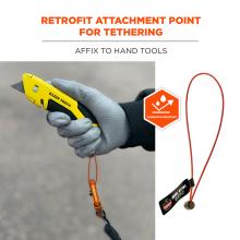 Retrofit attachment point for tethering, affix to hand tools