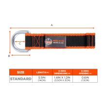 Size chart. Length of 5.5 inches or 14 cm. D-ring dimension of 1.4 inches by 1.2 inches or 3.5 cm by 3cm. D-ring opening of 0.6 inches or 1.5cm
