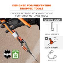 Designed for preventing dropped tools. Creates retrofit attachment point for tethering hand tools. ANSI/ISEA 121 compliant. Maximum load limit of 5 lbs or 2.3 kg. Tool attachment