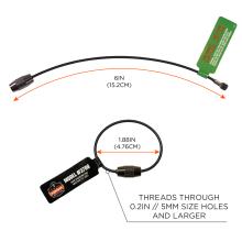 Size chart: 6 inches or 15.2cm long. Diameter of 1.88 inches or 4.76cm when in loop. Threads through 0.2 inches or 5mm size holes and larger