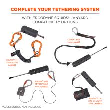 Ergodyne squids lanyard compatibility options can complete your tethering system. Squids 3166 coiled tool lanyard, Squids 3105 tool lanyard, Squids 3003 retractable tool lanyard, Squids 3114 pull-on wrist tool lanyard. Accessories not included