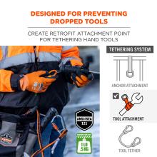 Designed for preventing dropped tools, creates retrofit attachment point for tethering hand tools. Maximum load limit of 1 pound or 0.5kg. ANSI/ISEA 121 compliant. Tool attachment