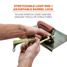 Stretchable loop end + adjustable barrel lock: nylon stretch cord cinches around tools or structures. Image shows person adjusting barrel lock on a tool.