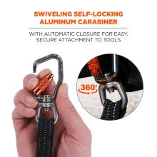 Swiveling self-locking aluminum carabiner: with automatic closure for easy, secure attachment to tools