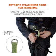 Retrofit attachment point for tethering: affix to hand tools. Durable d-ring.