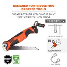 Designed for preventing dropped tools, creates retrofit attachment point for tethering hand tools. Maximum load limit of 2 pound or 0.9kg. ANSI/ISEA 121 compliant. Tool attachment