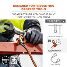 Designed for preventing dropped tools: create retrofit attachment point for tethering hand tools. ANSI/ISEA 121 compliant, maximum load limit of 15 pounds or 6.8kg .