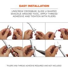 Easy installation. Unscrew crossbar, slide u-shaped shackle around tool, apply thread adhesive and tighten with pliers. Pliers and thread adhesive required and not included