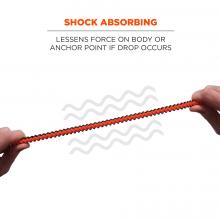 Shock absorbing: lessens force on body or anchor point if drop occurs. Image shows detailing on lanyard. 