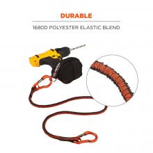 Durable: 1680D polyester elastic blend. Image shows lanyard attached to tool and detail on elastic. 